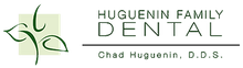Logo of Huguenin Family Dental. Green leaf design on a green square, with company name and "Chad Huguenin, D.D.S."