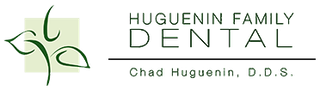 Logo for Huguenin Family Dental. Green leaf design. Text says Huguenin Family Dental and Chad Huguenin, D.D.S.