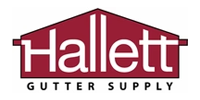 Hallett Gutter Supply logo with maroon house graphic and white text.