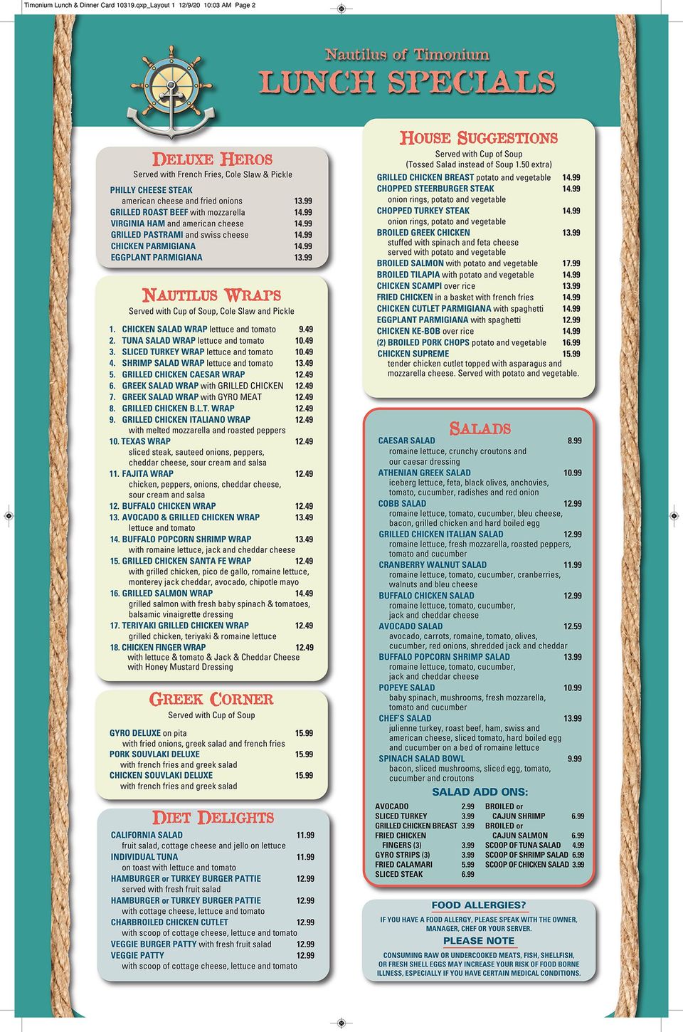 Nautilus DinerRestaurant Timonium Menu Timonium, MD