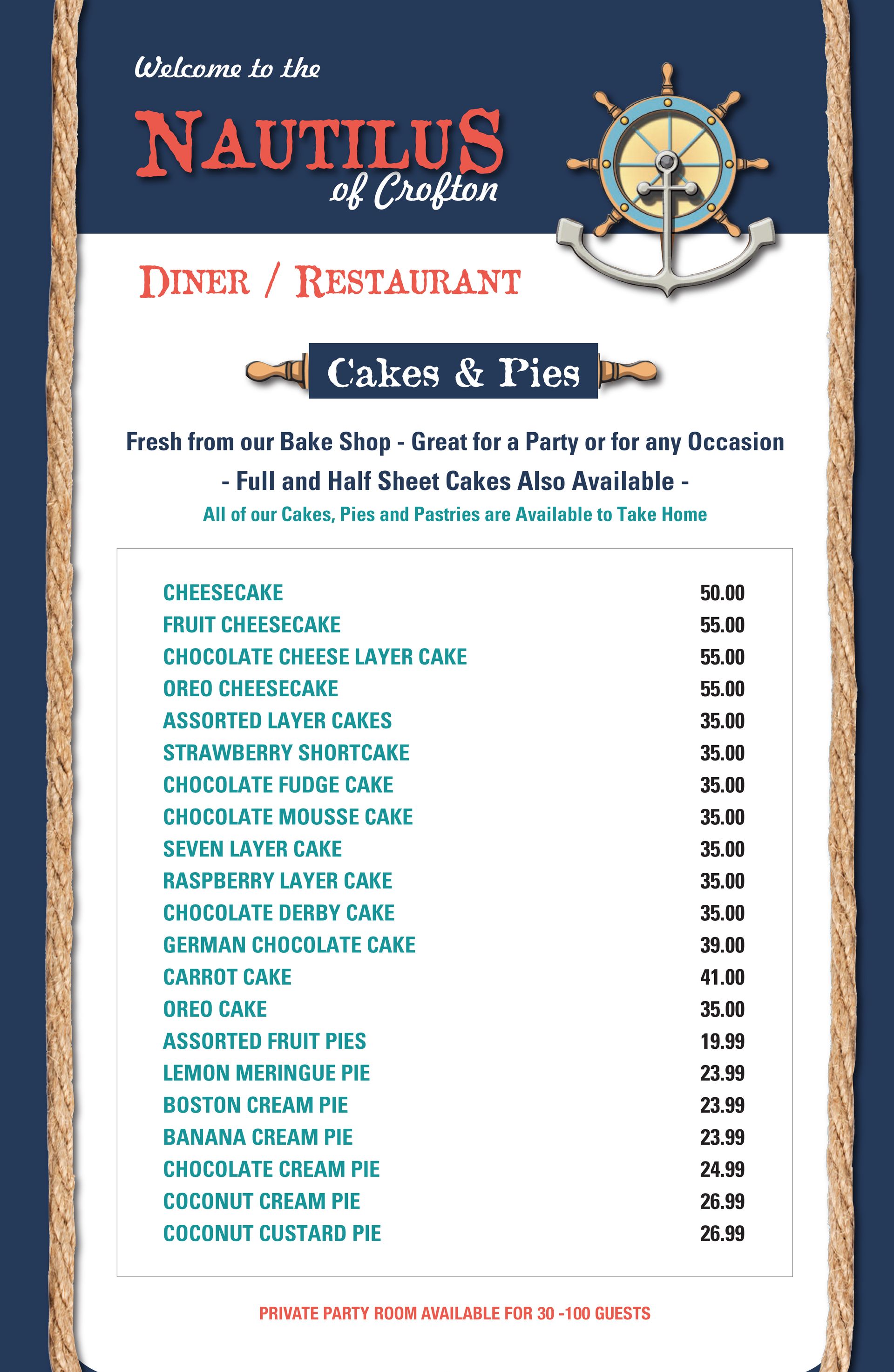 Crofton Cakes and Pies Menu