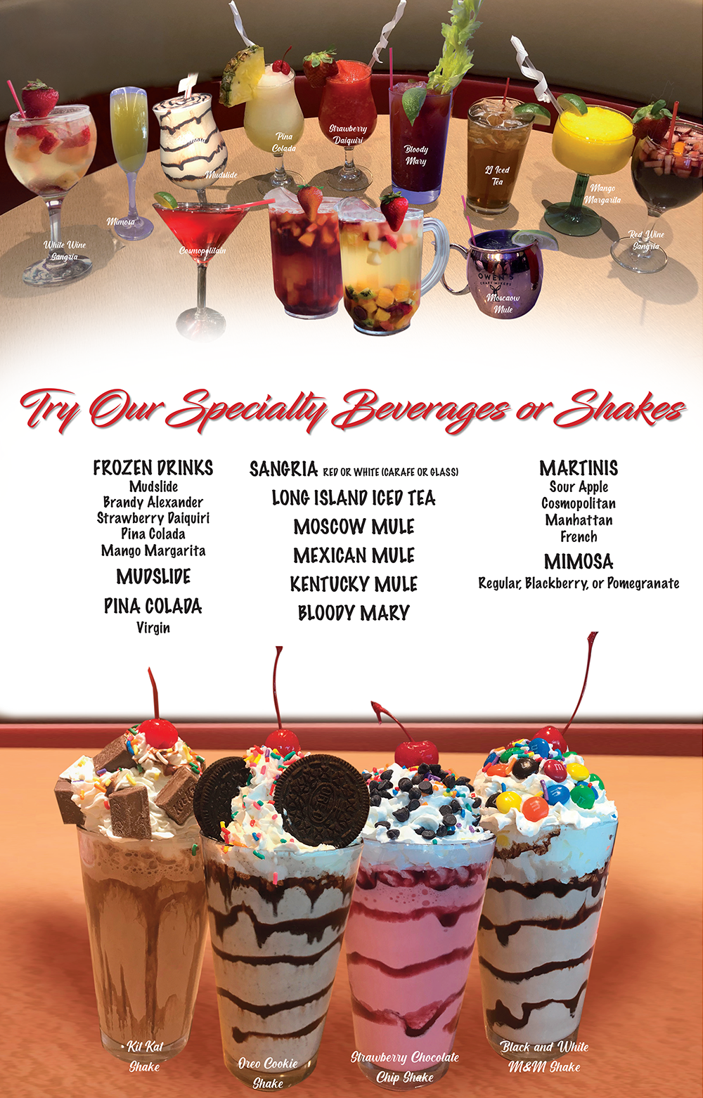 A menu for a restaurant shows a variety of drinks and desserts.