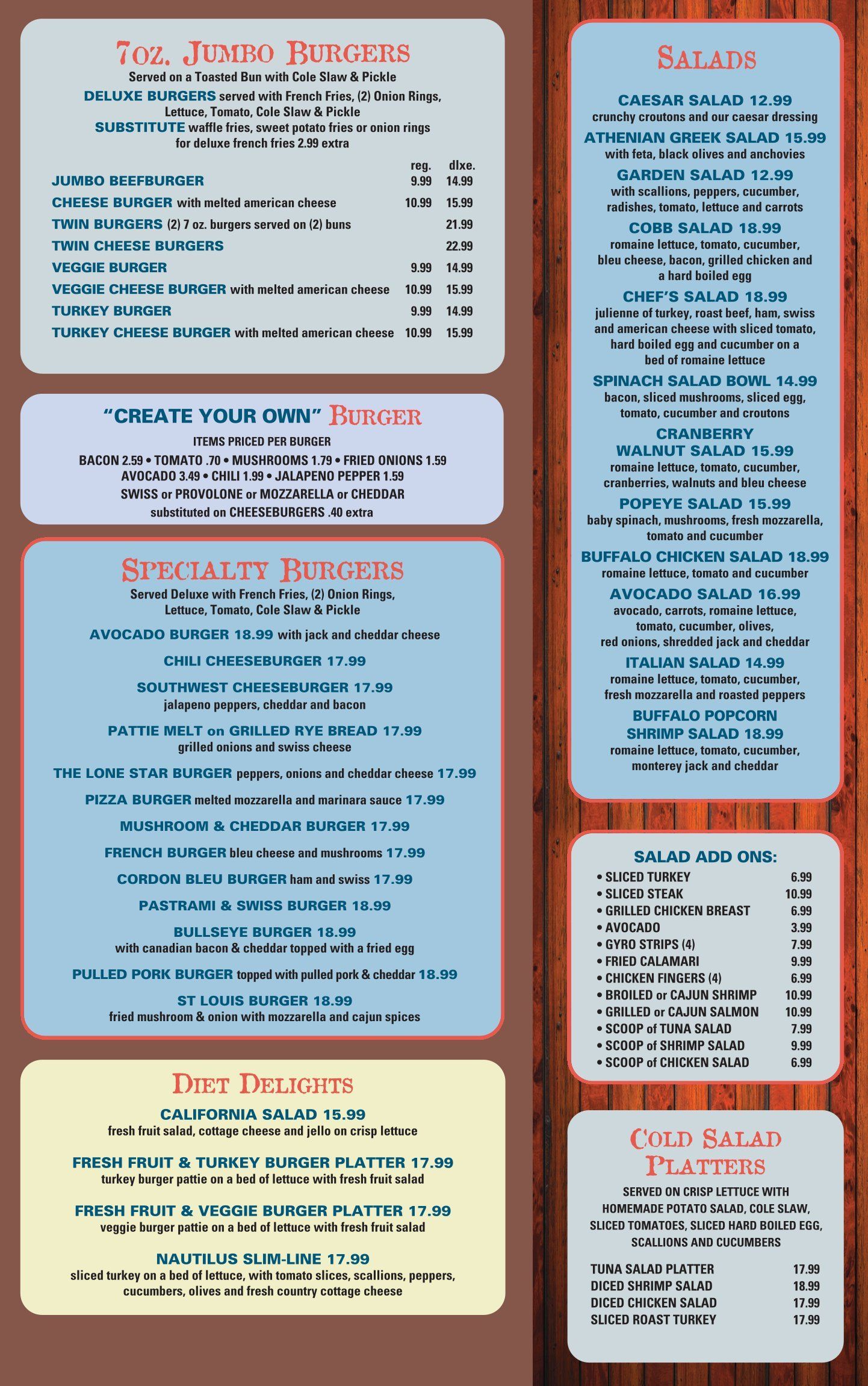 A menu for a restaurant with a wooden background