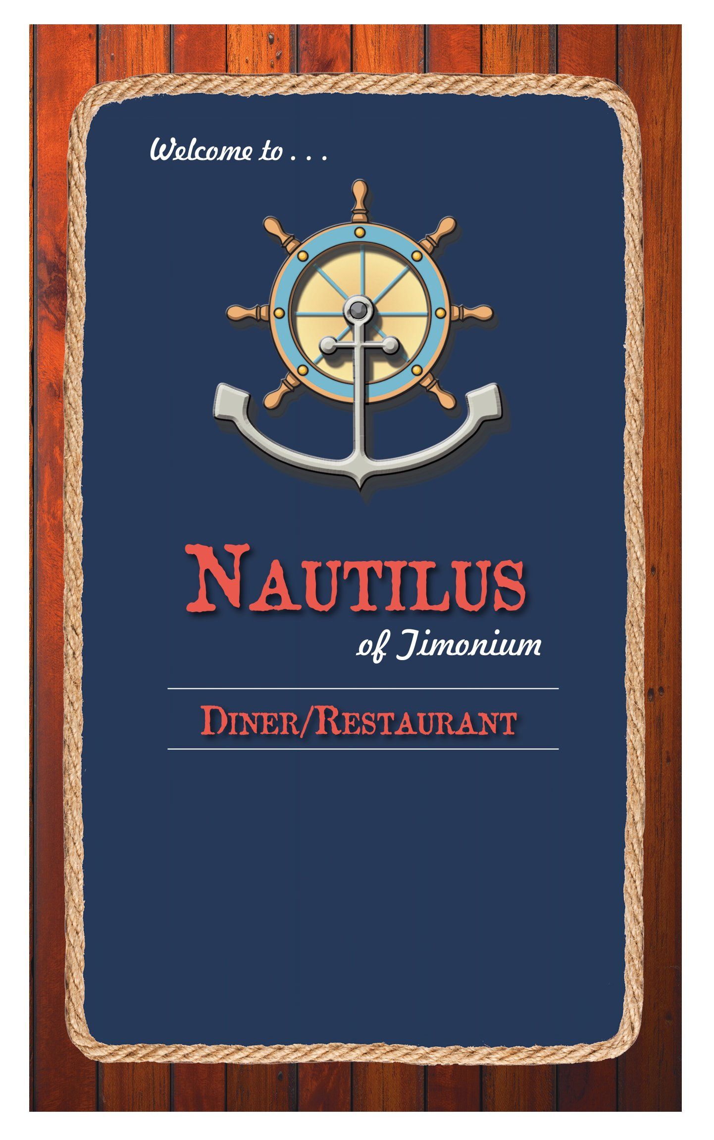 A menu for a restaurant called nautilus with a steering wheel and anchor