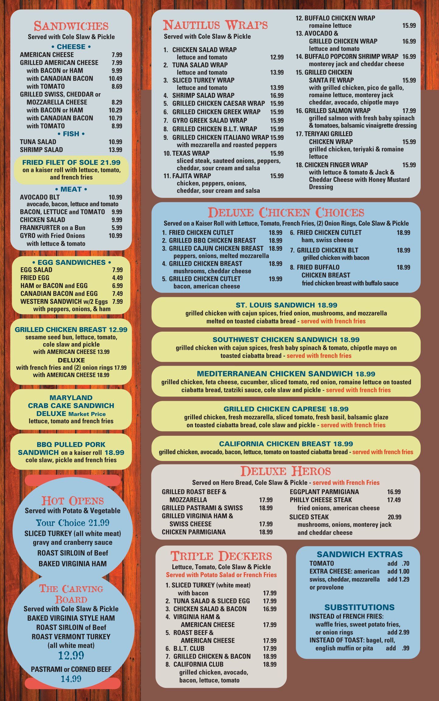 A menu for a restaurant with a wooden background