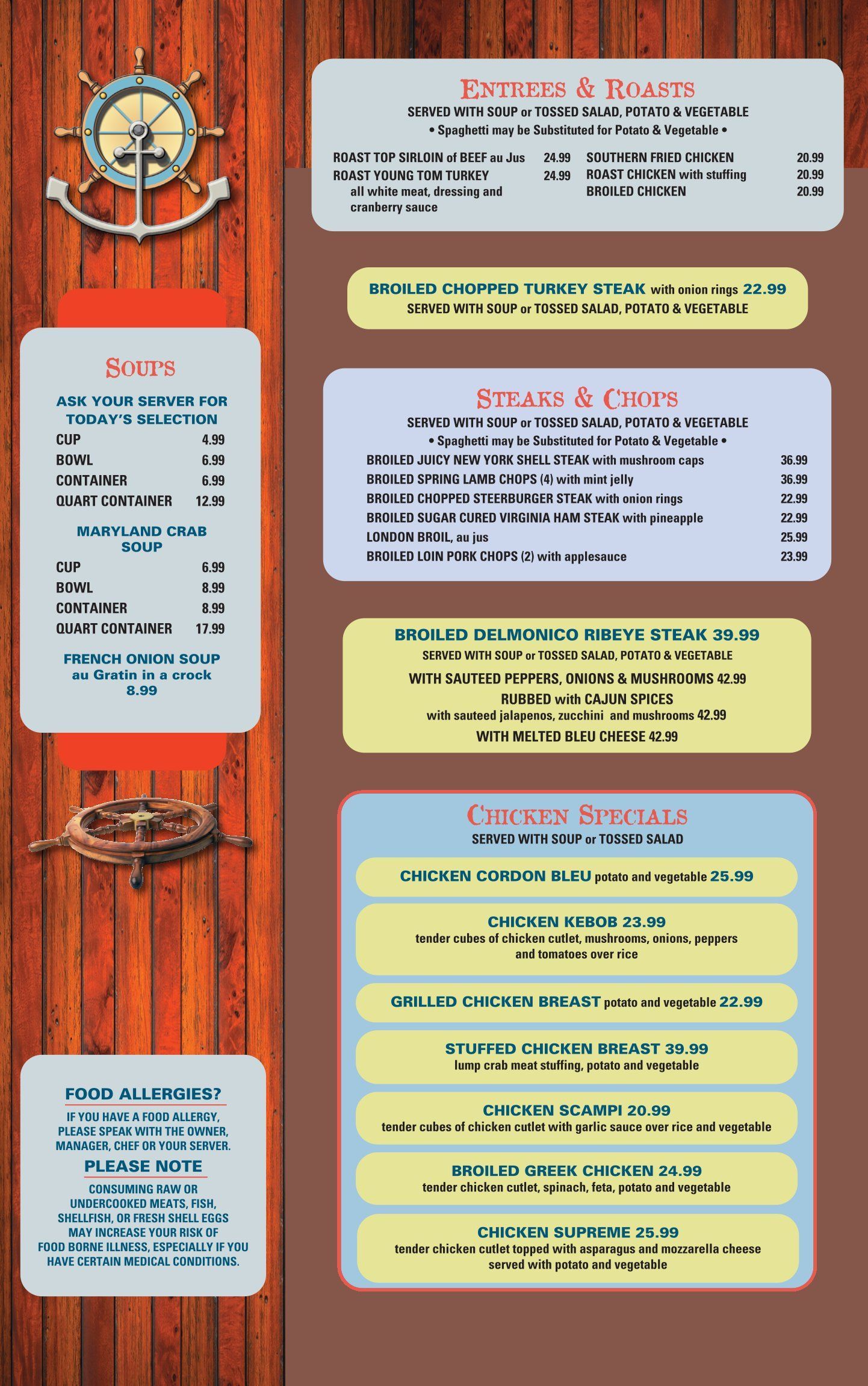 A menu for a restaurant with a steering wheel and anchor on it