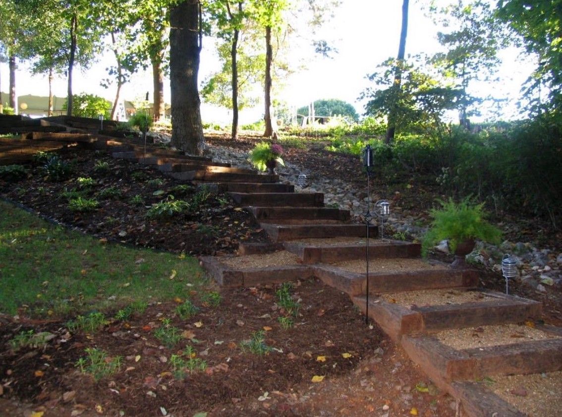 Stone steps ascend a sloped, mulched garden, trees in the background, sunlight filtering through.