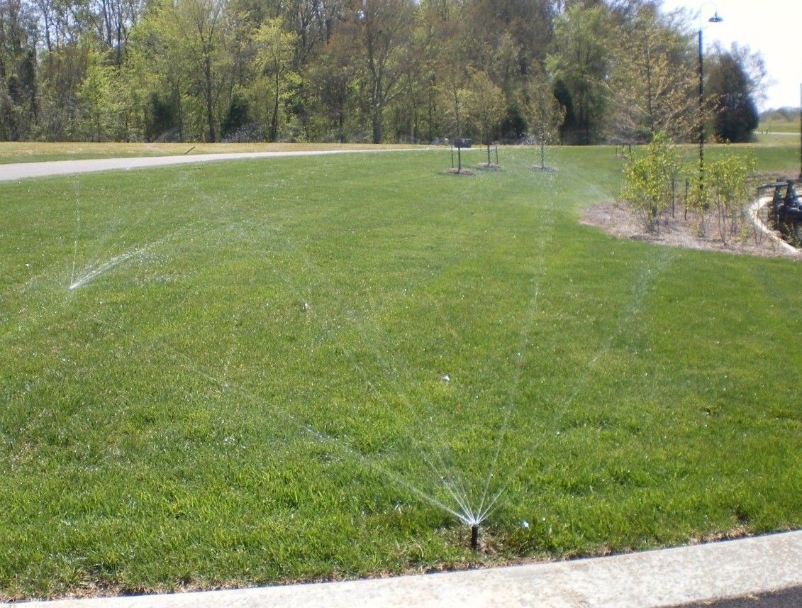 Sprinklers watering green grass in a park setting; trees and path in the background.