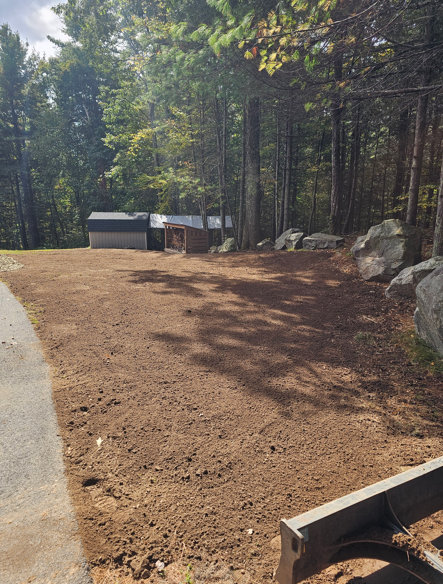 Wooded campsite clearing with pine needles, rocks, and several picnic tables near a paved path