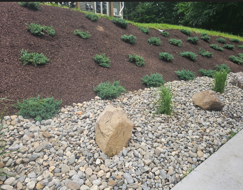 Landscaped hillside with small shrubs, mulch, river rocks, and large tan boulders beside a sidewalk