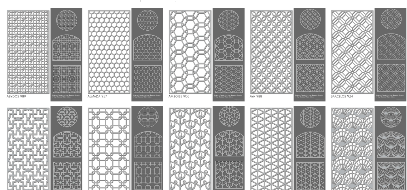 Grid of grayscale textile patterns and geometric swatches in rows and columns