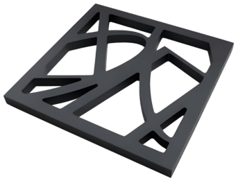 Black abstract geometric cutout square in a 3D perspective, resembling a logo or decorative panel