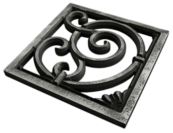 Black wrought-iron square decorative grille with curling scrollwork design