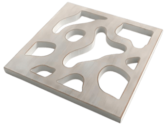 Brushed metal panel with irregular cutout holes on a white background