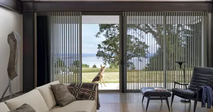Modern living room with vertical blinds, sliding glass door to a yard with a deer and tree, lake view.