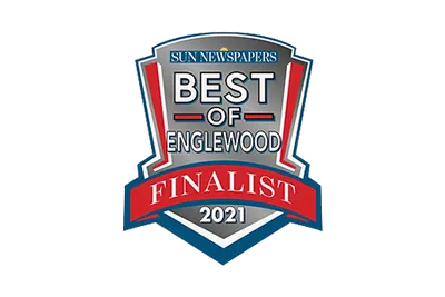 Sun Newspapers Best of Englewood Finalist 2021 logo: silver and red shield.