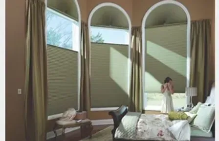 Bedroom with arched windows and green blinds; woman near the windows; tan curtains.