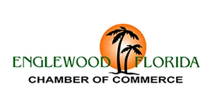 Englewood Florida Chamber of Commerce logo with palm trees in front of orange sun.