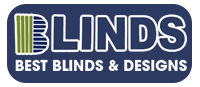 Logo for Best Blinds & Designs. Features the word "BLINDS" with green and blue design, on a blue rounded rectangle with text "BEST BLINDS & DESIGNS".
