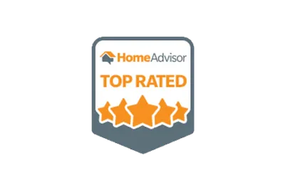 HomeAdvisor Top Rated badge with orange stars and logo on a gray background.