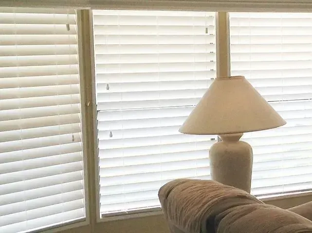 Blinds covering a window with a lamp and part of a couch in front.
