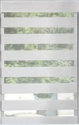 White and translucent striped window shade, partially open, with a view of greenery.