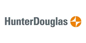 Hunter Douglas logo with gray text and a stylized orange sunburst.