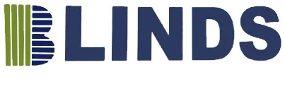 Logo of the word "BLINDS" with the "B" stylized as vertical blinds, green and navy blue.