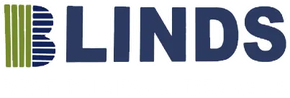 Logo of the word "BLINDS" with the "B" stylized as vertical blinds, green and navy blue.