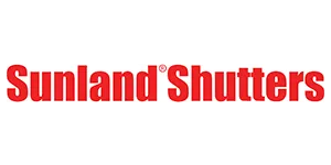Sunland Shutters logo in red on a white background.