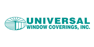 Logo for Universal Window Coverings, Inc., featuring a teal window graphic and text.