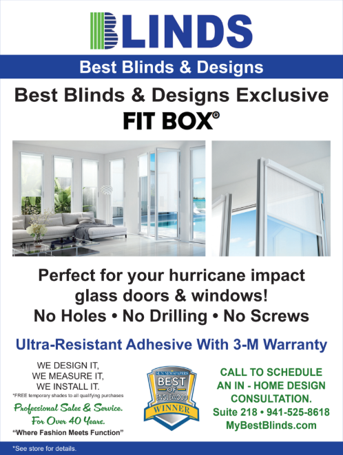 Advertisement for Best Blinds & Designs. Features FIT BOX for hurricane impact glass doors/windows. No holes, drilling, or screws.