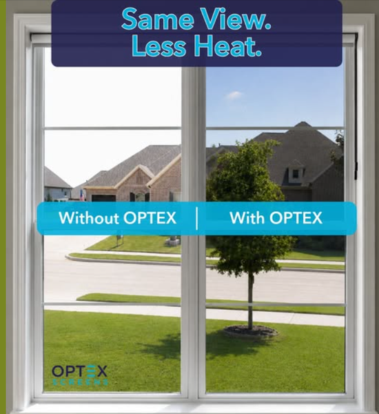 Window view ad comparing “Without OPTEX” and “With OPTEX” same view, less heat.