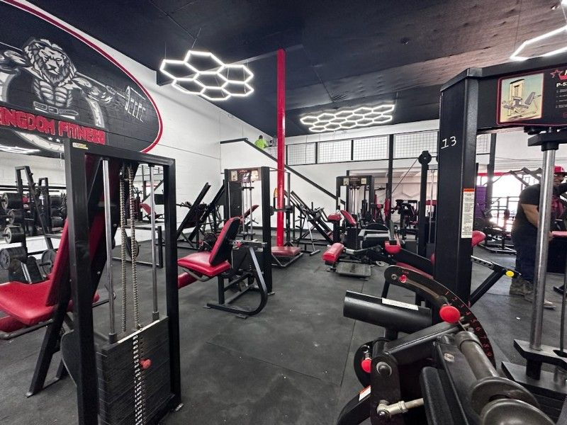 Gym interior with weight machines. Red and black equipment on a black floor. Ceiling lights in geometric shapes.