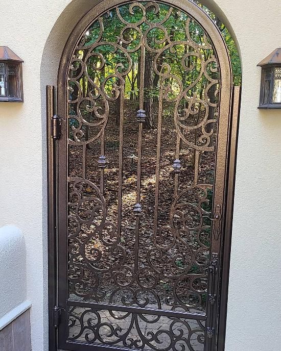A wrought iron gate with a reflection of trees in it