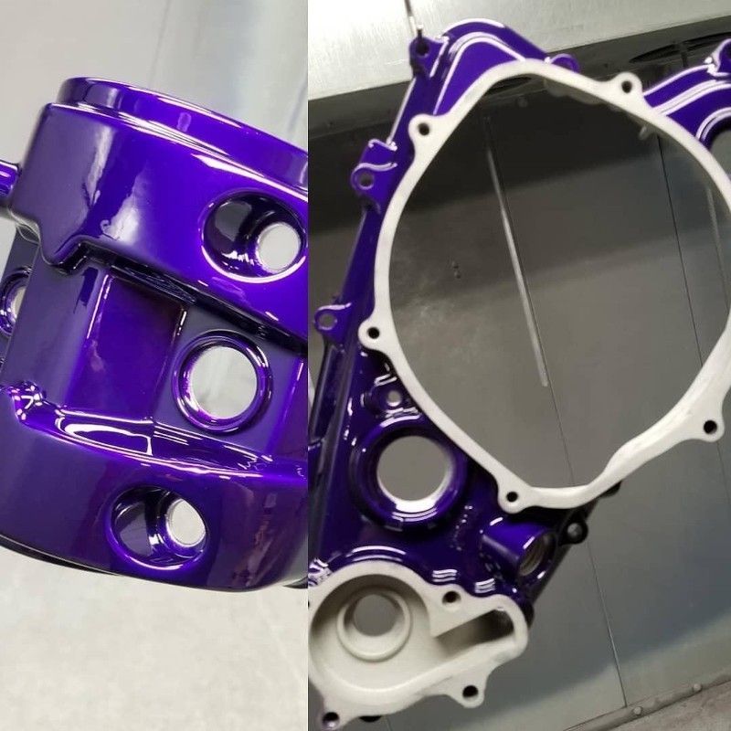 Two pictures of a purple and white motorcycle engine