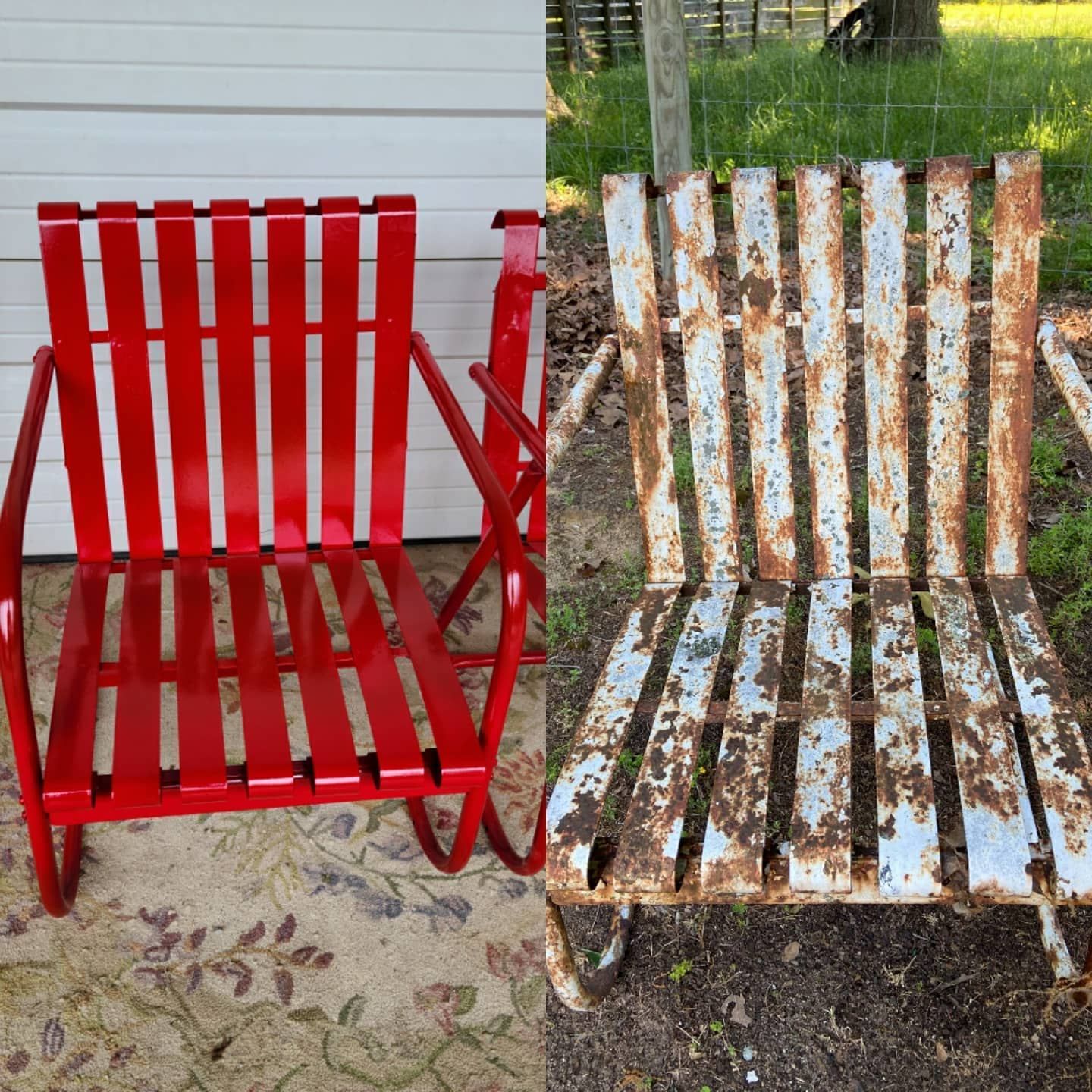 A before and after picture of a red chair and a white chair.