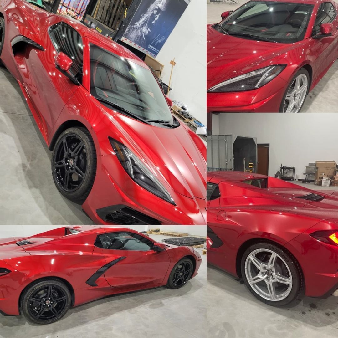 A collage of photos of a red sports car