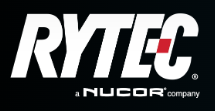 Logo for RYTEC, a NUCOR company; white text on black background with red and white square in the