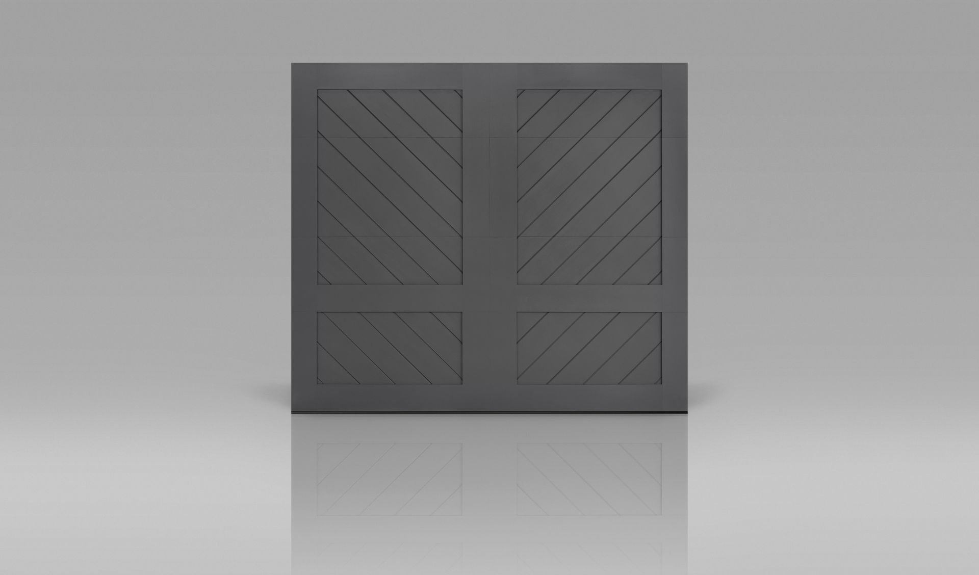 Gray square panel with four diagonal-striped inset sections on a reflective surface