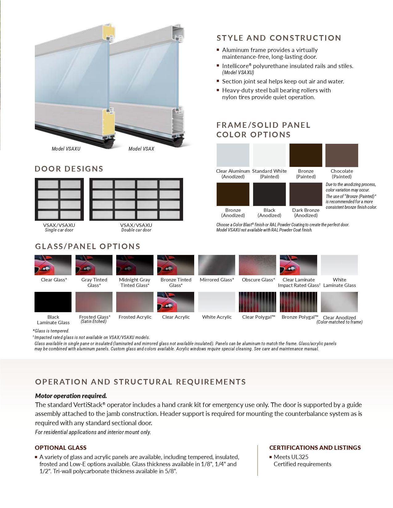 Product brochure page with window shade styles, construction diagram, color swatches, and fabric options