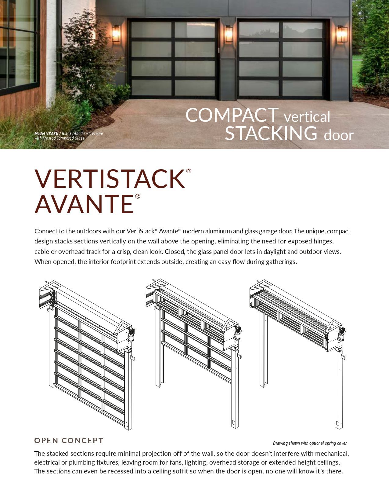Brochure page for VertiStack Avante compact vertical stacking doors with product images and specifications