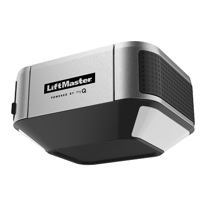 LiftMaster garage door opener, silver and black, with “powered by myQ” logo.