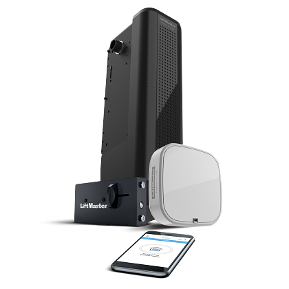 LiftMaster smart gate opener system: motor, hub, smartphone.