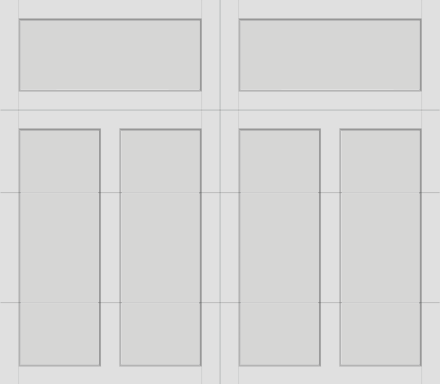 Gray garage door with rectangular panels and raised sections.