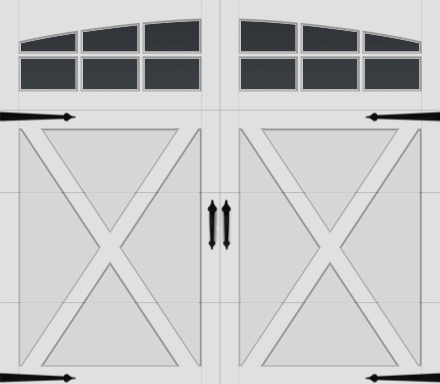 White garage door with an X-shaped design, black decorative hardware and window panels.
