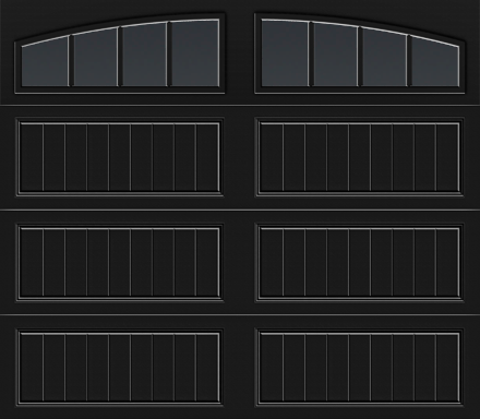 Black garage door with arched glass windows at the top.