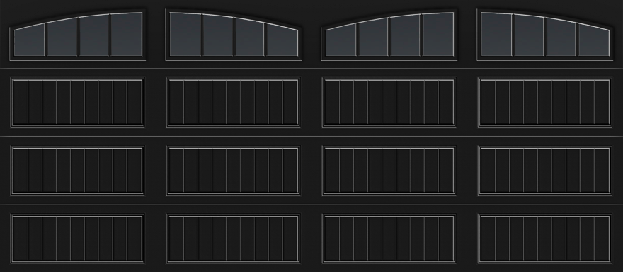Dark grey garage door with arched windows on the top section, divided into four panels.
