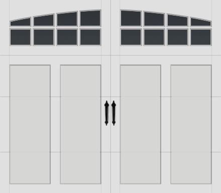 White garage door with arched window panes, and decorative handle.