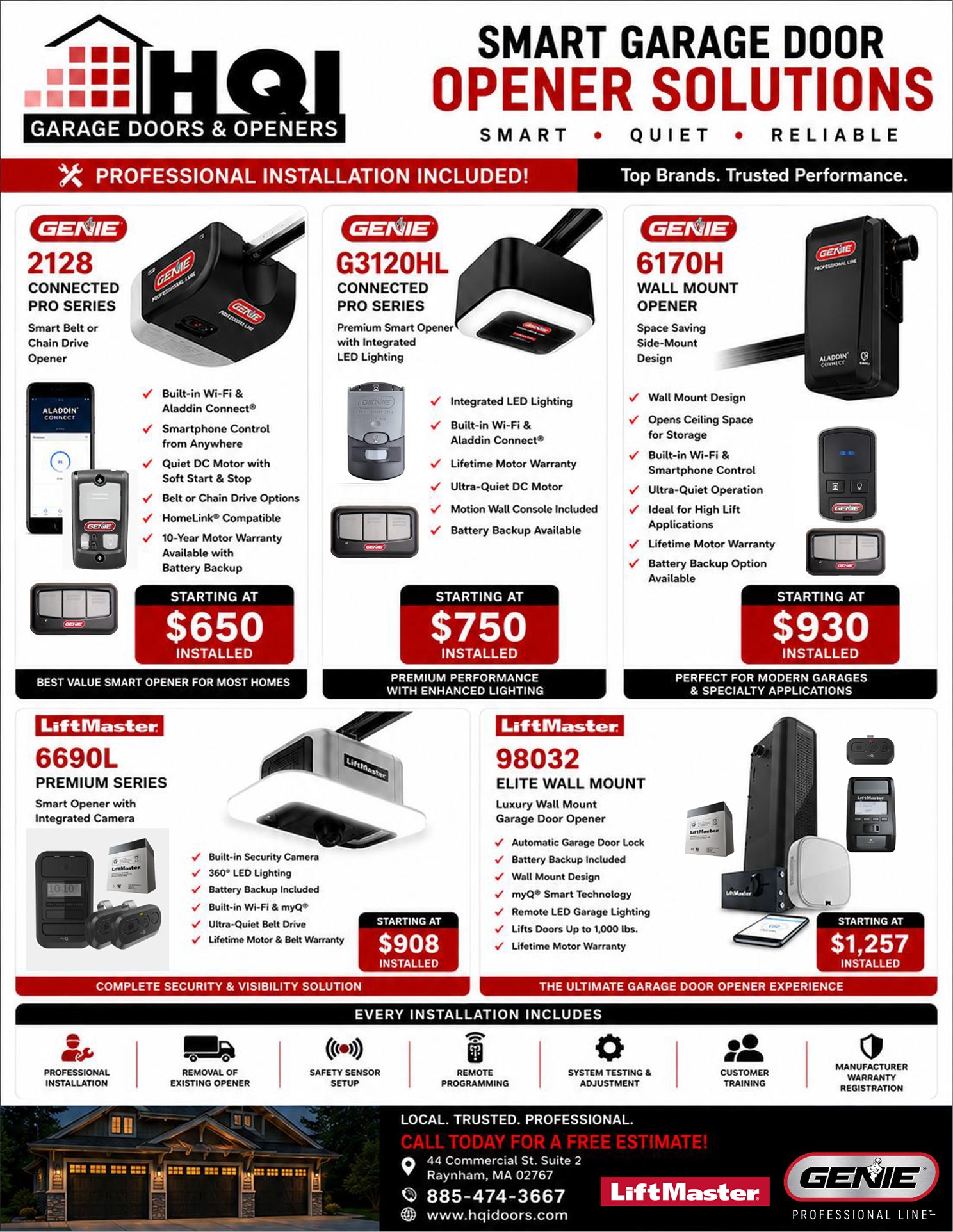 HQ Garage Doors & Openers promo flyer with Smart Garage Door opener solutions and product prices